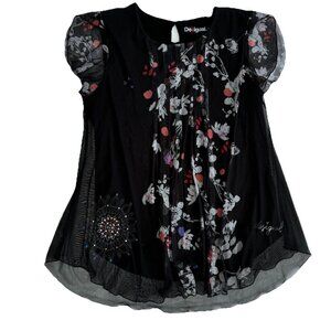 Desigual women's Top Sheer Embellished Rhinestones Floral Black Small